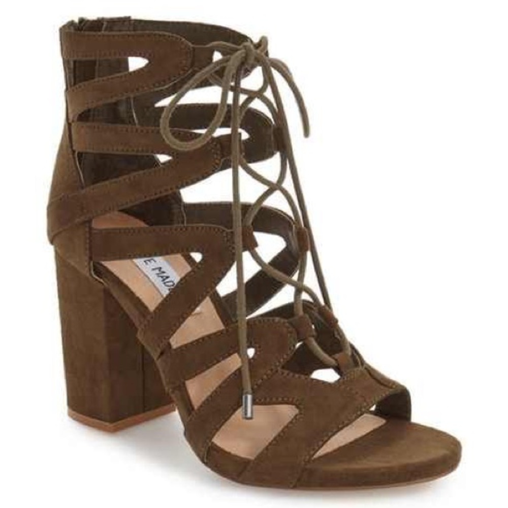 👠 Steve Madden “Gal” Olive Suede Strappy Lace-Up Heels – Size 10